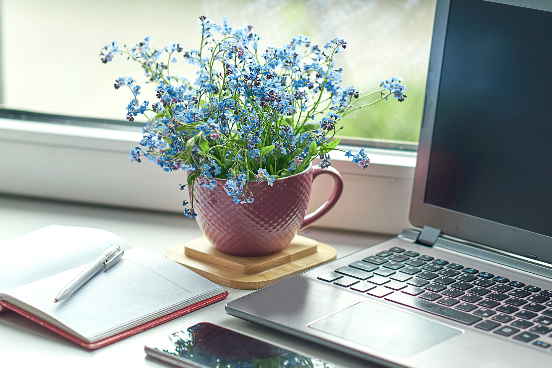 Blumen in einer Tasse auf einem Fensterbrett neben einem aufgeklappten Laptop, einem Notizbuch und einem Smartphone